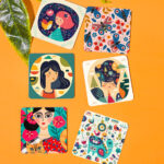 GIRL ILLUSTRATED PRINTED SQUARE COASTER SET OF 6