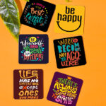 HAPPINESS CAPTION WOODEN SQUARE COASTER SET OF 6