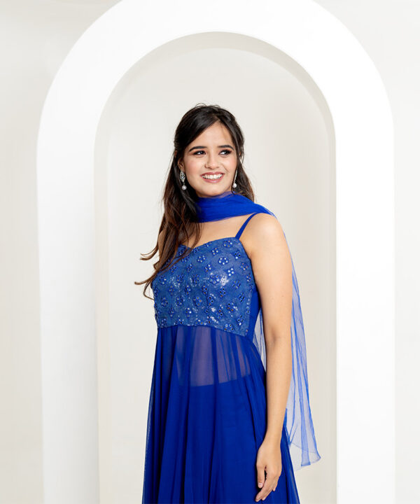 Tajnan Royal Blue Sheer Suit Set with Sequin Bodice & Dupatta