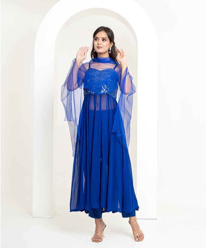 Tajnan Royal Blue Sheer Suit Set with Sequin Bodice & Dupatta - Image 3