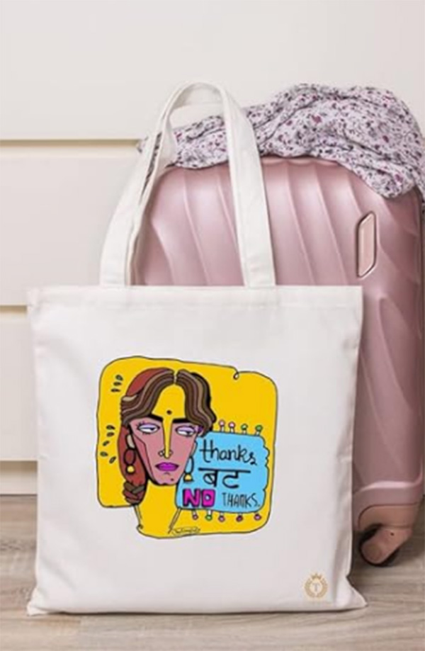 Tajnan “Thanks But No Thanks” Printed Tote Bag – Quirky Desi Art Cotton Carry Bag for Daily Use