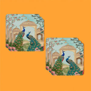 Peacock Palace Printed Coasters Set – Elegant Mughal Art Tea & Coffee Coaster (Set of 6)