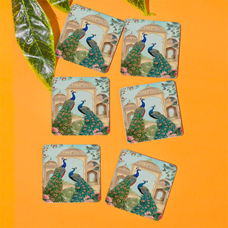 Peacock Palace Printed Coasters Set – Elegant Mughal Art Tea & Coffee Coaster (Set of 6) - Image 2