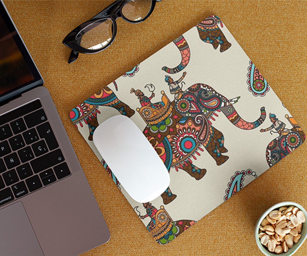 Tajnan Elephant Art Printed Mouse Pad – Colorful Ethnic Design Desk Mat for Office & Home