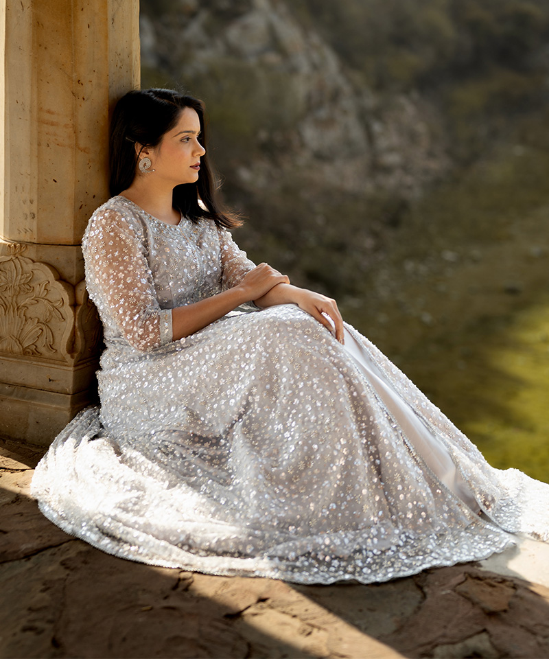 Tajnan Silver Embroidered Gown for Women – Elegant Festive & Wedding Wear - Image 3