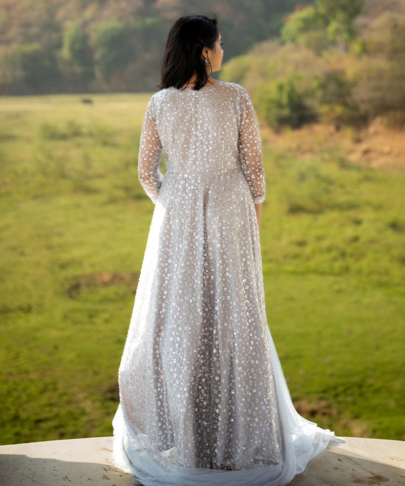 Tajnan Silver Embroidered Gown for Women – Elegant Festive & Wedding Wear - Image 2