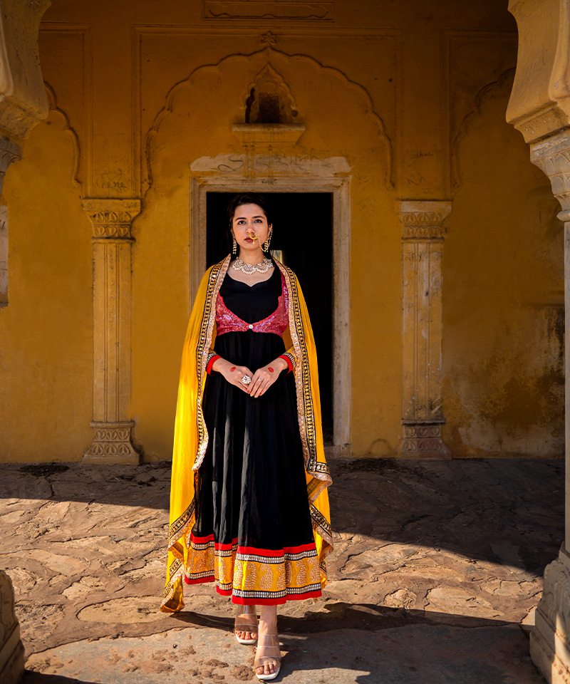 Tajnan Black Anarkali Suit with Yellow Dupatta – Embroidered Festive Ethnic Wear for Women