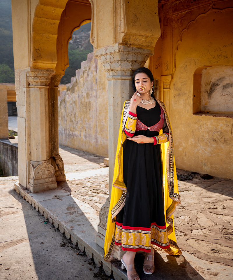 Tajnan Black Anarkali Suit with Yellow Dupatta – Embroidered Festive Ethnic Wear for Women - Image 3