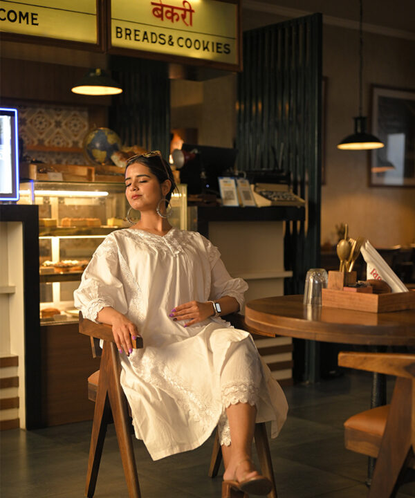 Tajnan White Cotton Kaftan Set for Women