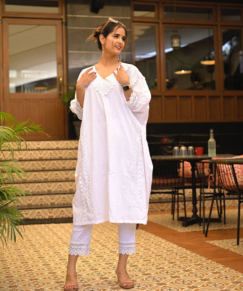 Tajnan White Cotton Kaftan Set for Women - Image 3