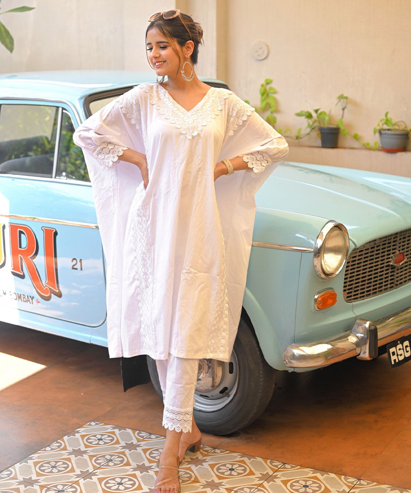 Tajnan White Cotton Kaftan Set for Women - Image 2