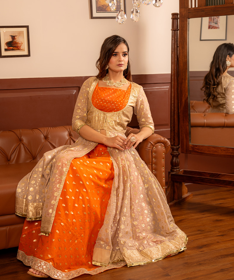 Tajnan Festive Orange Chanderi Anarkali Set with Jacket - Image 5