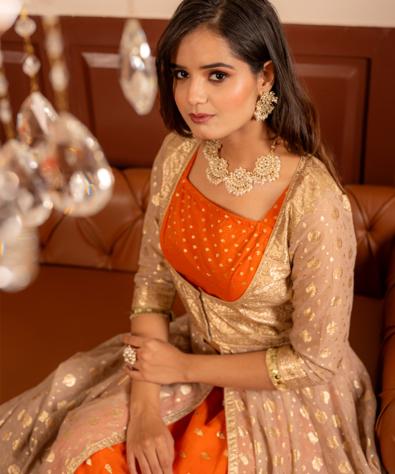 Tajnan Festive Orange Chanderi Anarkali Set with Jacket - Image 4