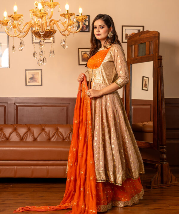 Tajnan Festive Orange Chanderi Anarkali Set with Jacket