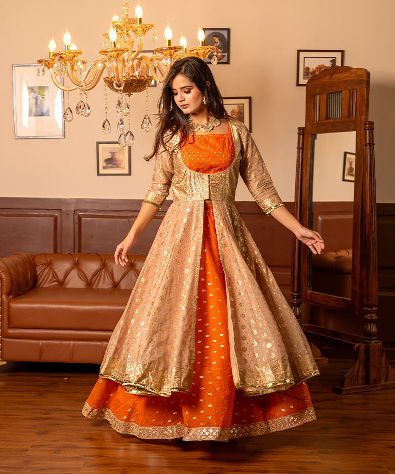 Tajnan Festive Orange Chanderi Anarkali Set with Jacket - Image 3