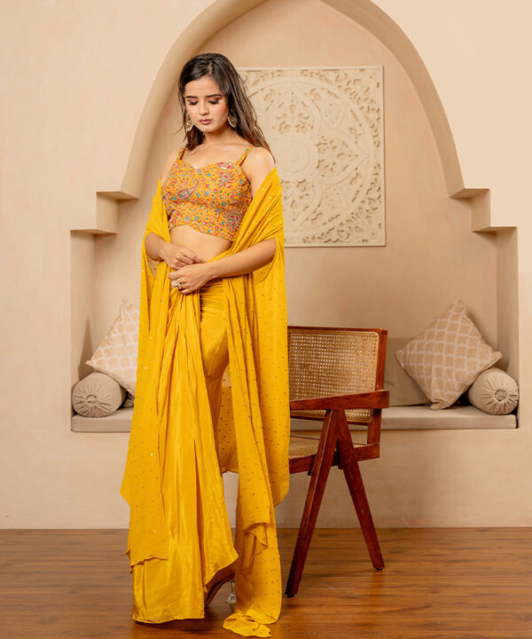 Tajnan Mustard Satin Drape Skirt Set with Embroidered Blouse & Georgette Cape