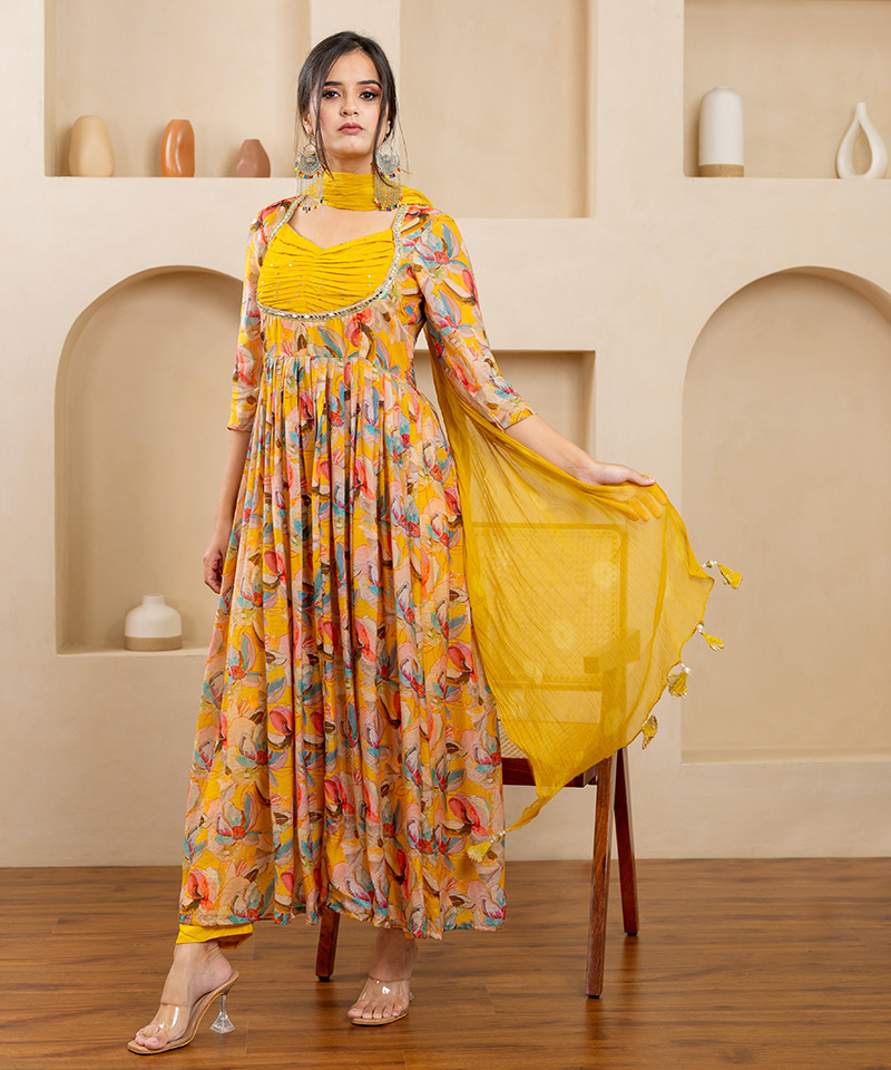 Tajnan Floral Printed Anarkali Dress with Yellow Yoke – Elegant Festive Wear for Women - Image 4