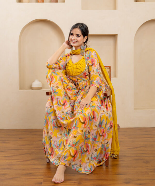 Tajnan Floral Printed Anarkali Dress with Yellow Yoke – Elegant Festive Wear for Women