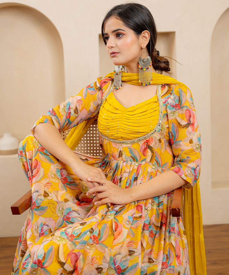 Tajnan Floral Printed Anarkali Dress with Yellow Yoke – Elegant Festive Wear for Women - Image 3