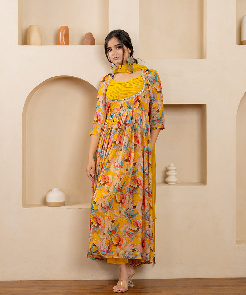 Tajnan Floral Printed Anarkali Dress with Yellow Yoke – Elegant Festive Wear for Women - Image 2