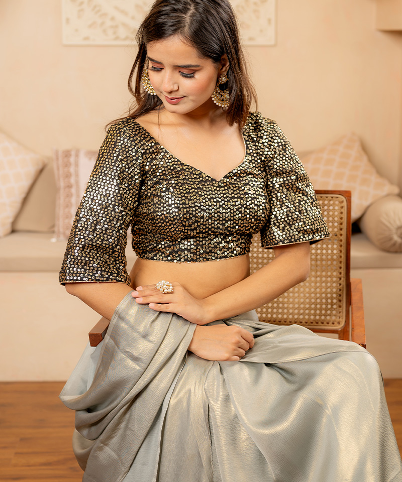 Tajnan Draped Grey Saree with Sequin Blouse - Image 3