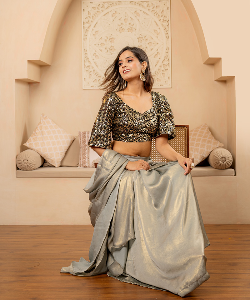 Tajnan Draped Grey Saree with Sequin Blouse - Image 4