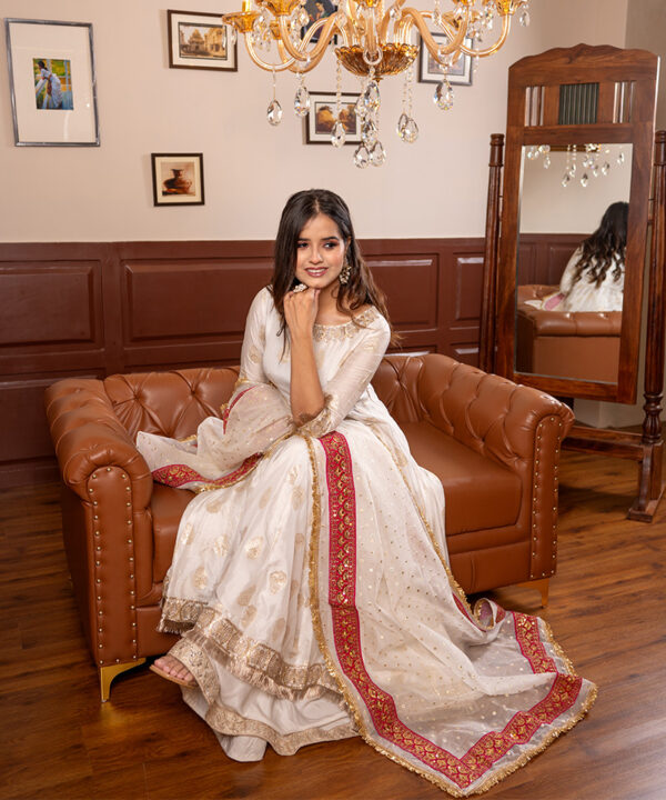 Tajnan Elegant Off-White Anarkali Suit with Gold Motifs & Pink Embroidered Dupatta