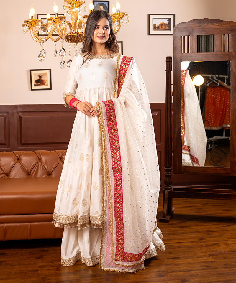 Tajnan Elegant Off-White Anarkali Suit with Gold Motifs & Pink Embroidered Dupatta - Image 5