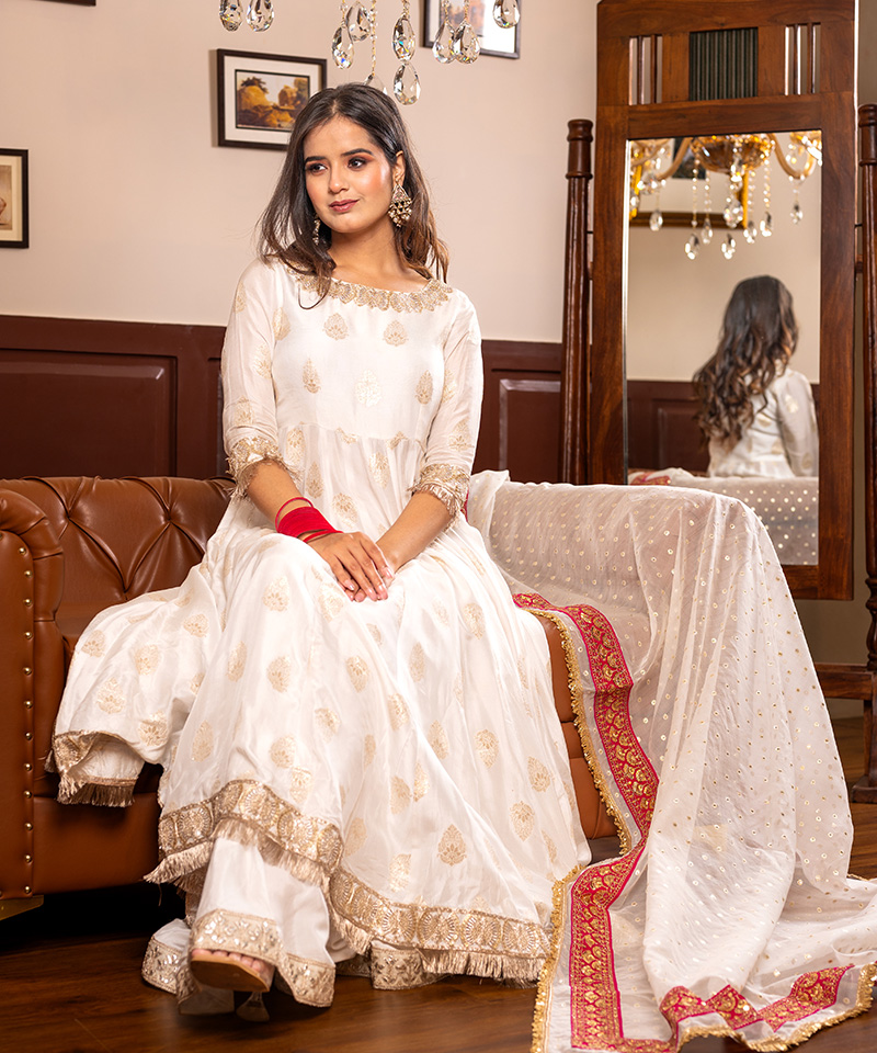 Tajnan Elegant Off-White Anarkali Suit with Gold Motifs & Pink Embroidered Dupatta - Image 4