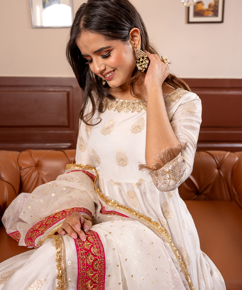 Tajnan Elegant Off-White Anarkali Suit with Gold Motifs & Pink Embroidered Dupatta - Image 3