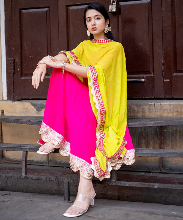 Inayat Hot Pink Georgette Suit Set with Yellow Chiffon Dupatta & Zari Border