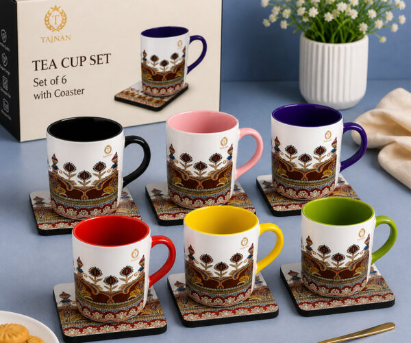 Tajnan Floral Ceramic Coffee Mug Set with MDF Coasters Tea & Coffee Cups for Home & Office (Set of 6)