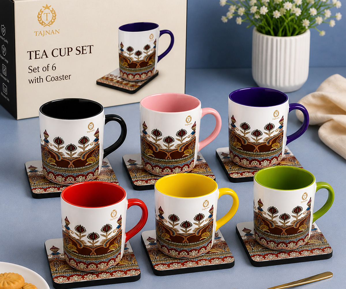 Tajnan Floral Ceramic Coffee Mug Set with MDF Coasters Tea & Coffee Cups for Home & Office (Set of 6)